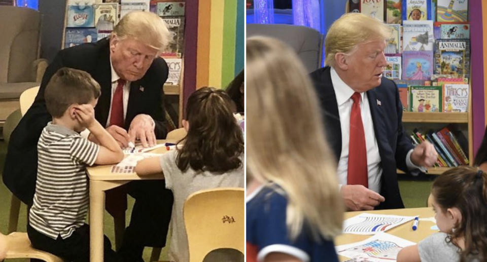 Photos show President Trump using a blue marker to colour the flag. Source: Twitter/Alex Azar