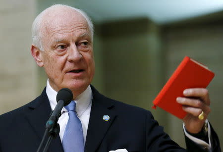 U.N. mediator for Syria Staffan de Mistura delivers a statement after the opening of the Syrian peace talks at the United Nations European headquarters in Geneva, Switzerland, January 29, 2016. REUTERS/Denis Balibouse