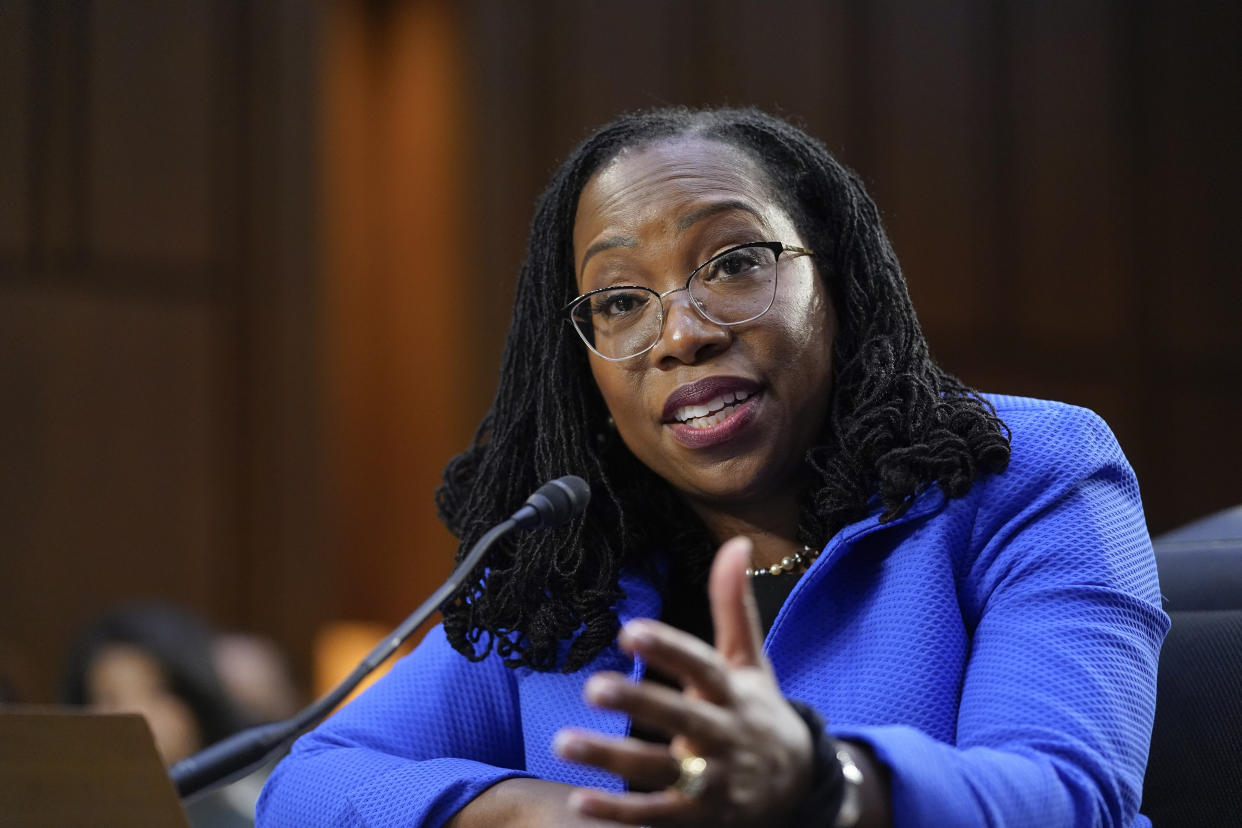 FILE - Supreme Court nominee Ketanji Brown Jackson testifies during her Senate Judiciary Committee confirmation hearing on Capitol Hill in Washington, March 23, 2022. In courtrooms across America, defendants get additional prison time for crimes that juries found they didn’t commit. The Supreme Court is being asked, again, to put an end to the practice. It’s possible that the newest member of the court and a former federal public defender, Justice Ketanji Brown Jackson, could hold a pivotal vote. (AP Photo/Alex Brandon, File)