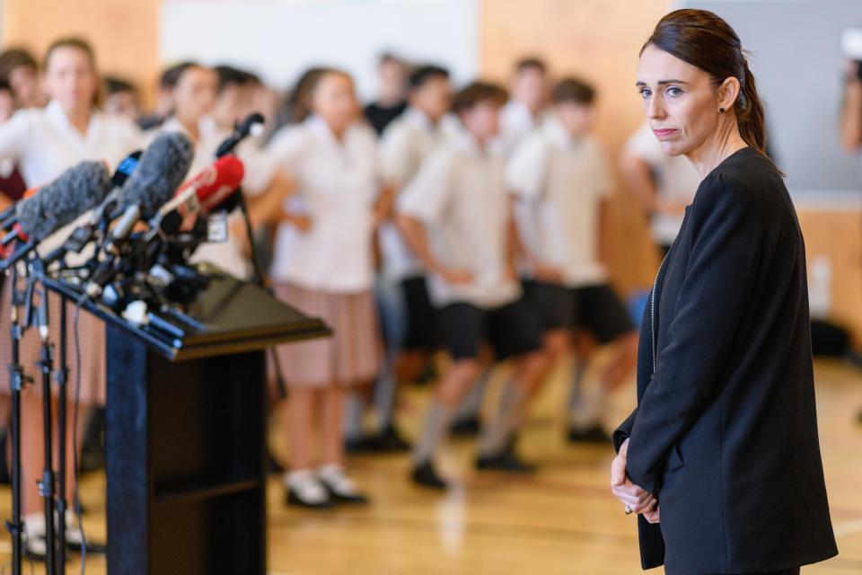 Jacinda Ardern reacts as students perfom a Haka during her visit to Cashmere High School (Getty Images)