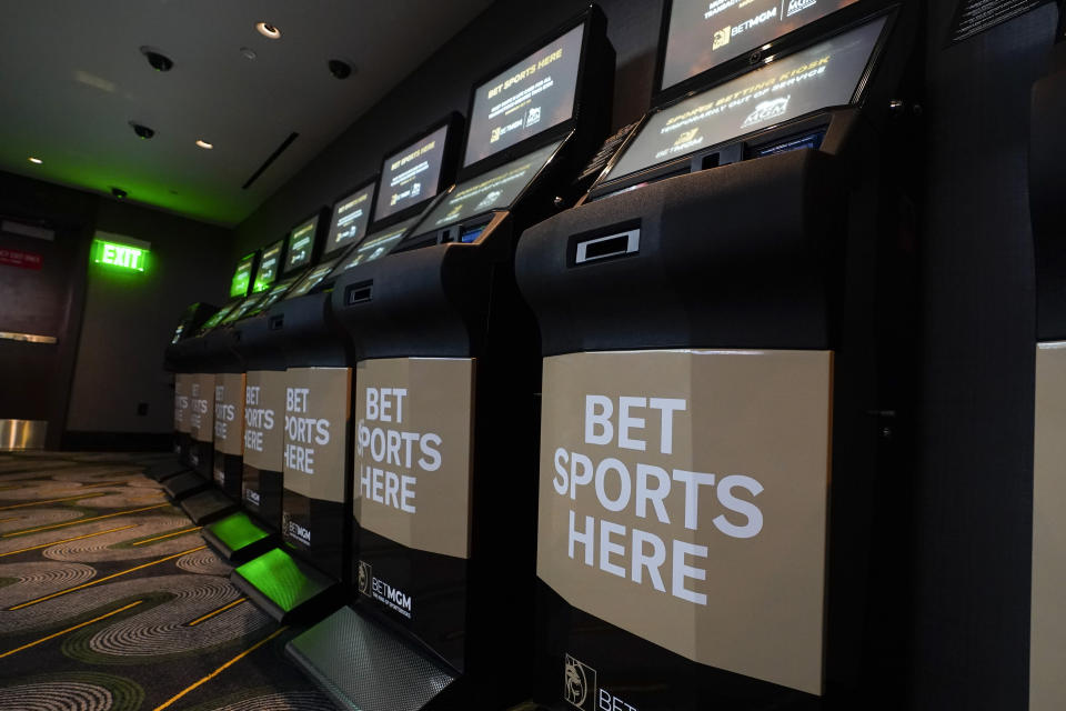 Betting kiosks are seen at the new MGM National Harbor sportsbook in Maryland. (AP Photo/Julio Cortez)