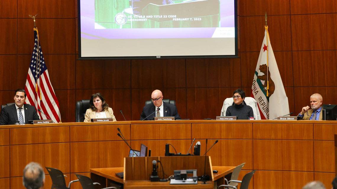 San Luis Obispo County Supervisors Jimmy Paulding, Debbie Arnold, John Peschong, Dawn Ortiz-Legg, Bruce Gibson listen to public comment Feb. 7, 2023.