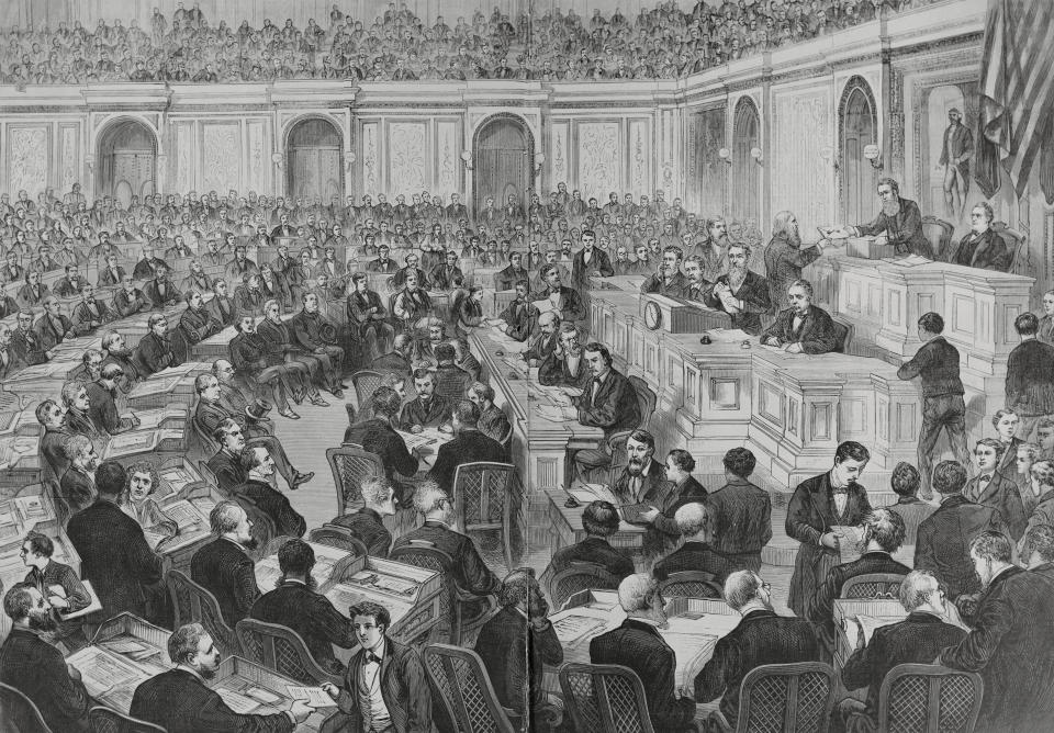 In the controversial presidential election of 1876, the outcomes in four states were in dispute, creating a stalemate that took weeks to resolve before a winner was declared. (Photo: Bettmann via Getty Images)