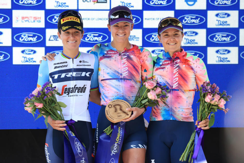 MALDON ENGLAND  MAY 27 LR Elizabeth Deignan of The United Kingdom and Team Trek  Segafredo on second place stage winner Chloe Dygert of The United States and Team CanyonSRAM Racing and Soraya Paladin of Italy and Team CanyonSRAM Racing on third place pose on the podium ceremony after the 6th RideLondon Classique 2023 Stage 2 a 1331km stage from Maldon to Maldon  UCIWWT  on May 27 2023 in Maldon England Photo by Stephen PondGetty Images