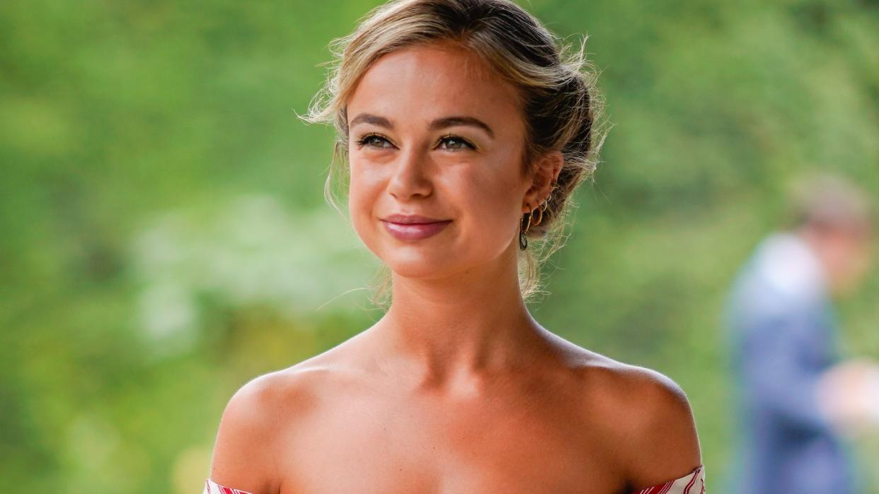 Lady Amelia Windsor in a striped red dress