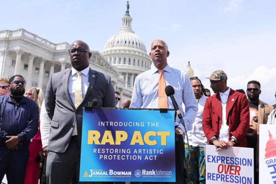 WASHINGTON, DC – APRIL 27: U.S. Representative Jamaal Bowman and U.S. Representative Hank Johnson speak during Grammys On The Hill: Advocacy Day on April 27, 2023 in Washington, DC. (Photo by Paul Morigi/Getty Images for The Recording Academy)