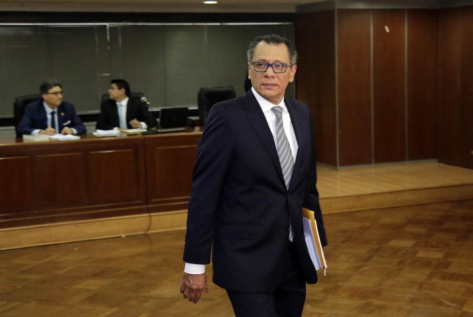 FILE - Ecuador's former Vice President Jorge Glas enters a courtroom for his Supreme Court hearing, in Quito, Ecuador, May 23, 2018. Ecuadorian police broke through the external doors of the Mexican Embassy in Quito, Friday, April 6, 2024, to arrest Glas, who had been residing there since December. (AP Photo/Dolores Ochoa, File)