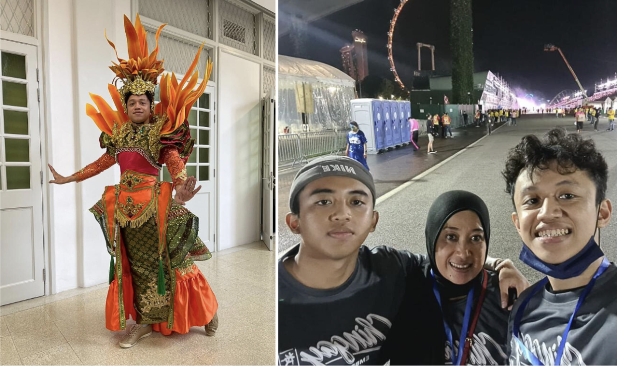 A 2024 Chingay costume designed by Ragitya (left photo), and Ragitya's brother, mother and himself at the F1 Pit Building (right).