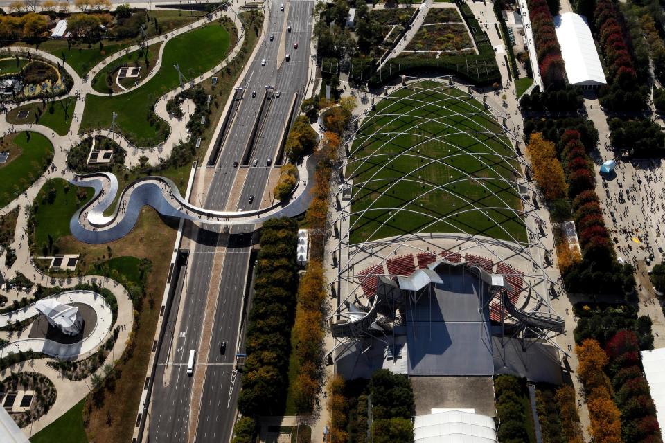 An aerial view of Millennium Park (left), and the Franky Gehry-designed Pritzker Pavilion (right).