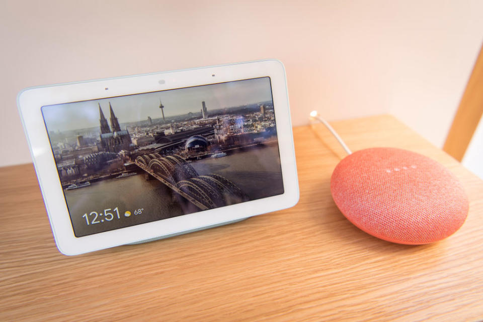 The Google LLC Nest Hub Mini and Nest Mini. (Photographer: David Paul Morris/Bloomberg via Getty)