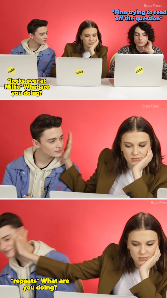 millie shoving noah's face away as he keeps asking what she's doing