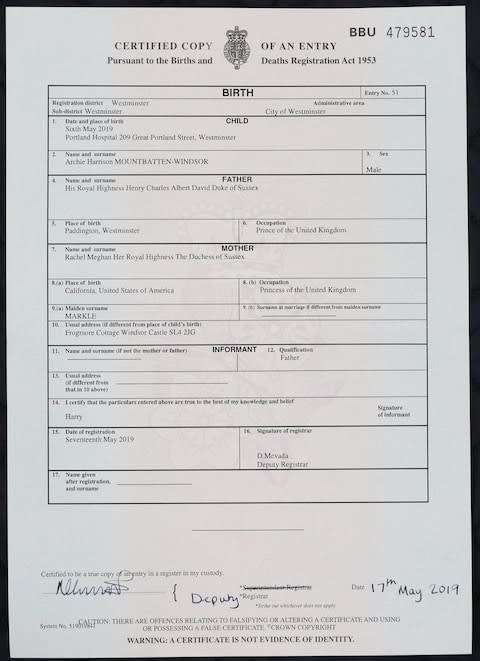 Archie Harrison Mountbatten-Windsor's birth certificate - Credit: PA