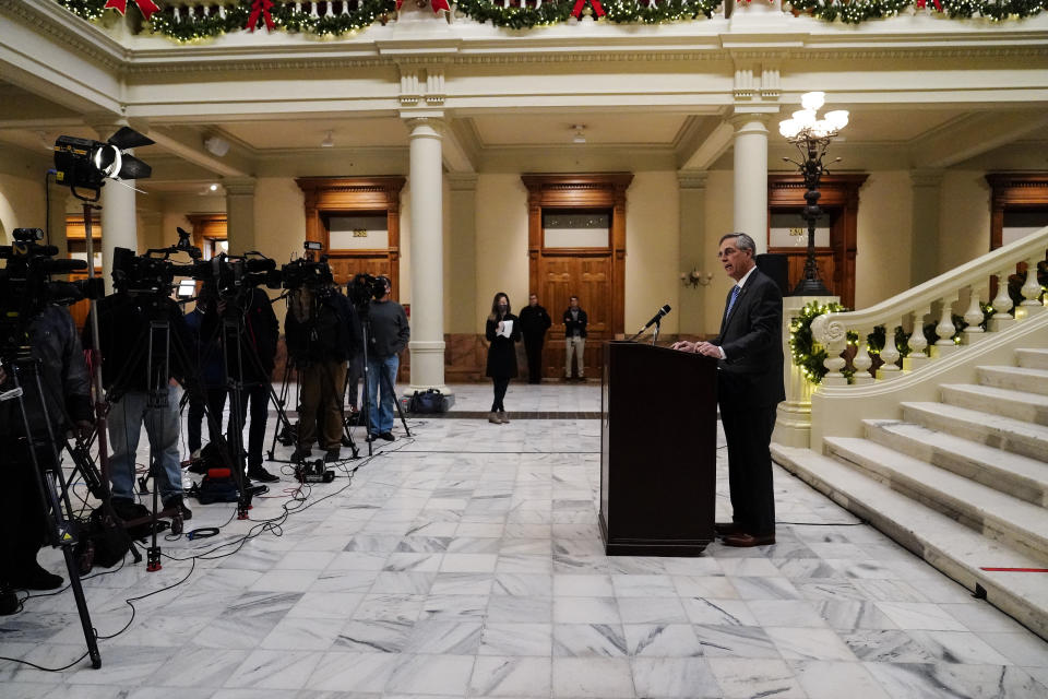 Georgia Secretary of State Brad Raffensperger speaks during a news conference on Friday, Nov. 20, 2020, in Atlanta. Georgia’s top elections official said he will certify that Joe Biden won the state's presidential election after a hand tally stemming from a mandatory audit affirmed the Democrat's lead over Republican President Donald Trump. Raffensperger said during the news conference Friday that he believes the numbers his office has presented are correct. (AP Photo/Brynn Anderson)