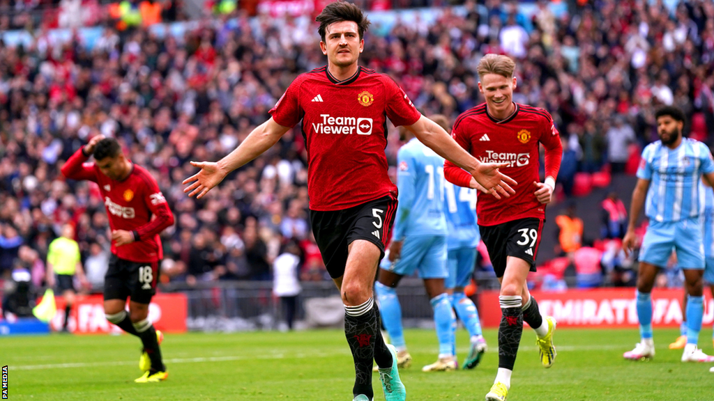 Harry Maguire celebrates scoring for Manchester United against Coventry City in the FA Cup