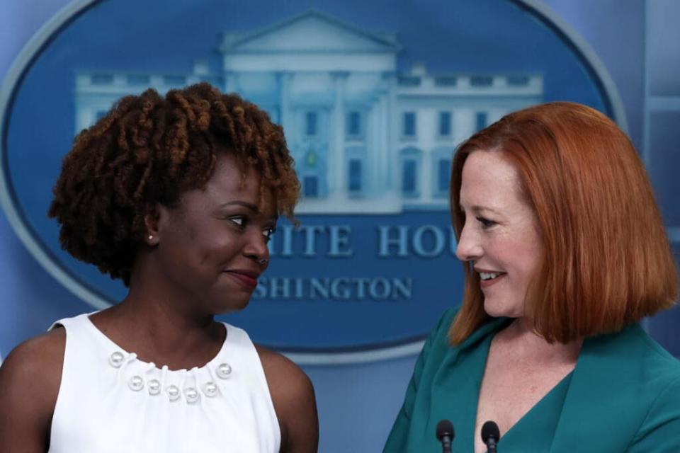 White House Press Secretary Jen Psaki (R) introduces Principal Deputy Press Secretary Karine Jean-Pierre (L) during a White House daily press briefing at the James S. Brady Press Briefing Room of the White House May 5, 2022 in Washington, DC. (Photo by Alex Wong/Getty Images)