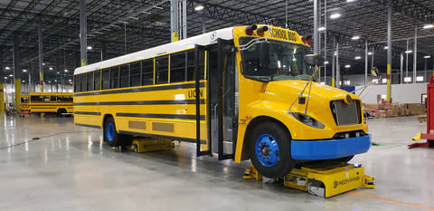 RedViking's chassis AGVs effortlessly transport an electric bus during final assembly, exemplifying versatile design and multi-directional movement. With a combined payload of 48,000 lbs and adaptable to various body lengths, RedViking AGVs redefine efficiency in manufacturing solutions. Copyright RedViking.