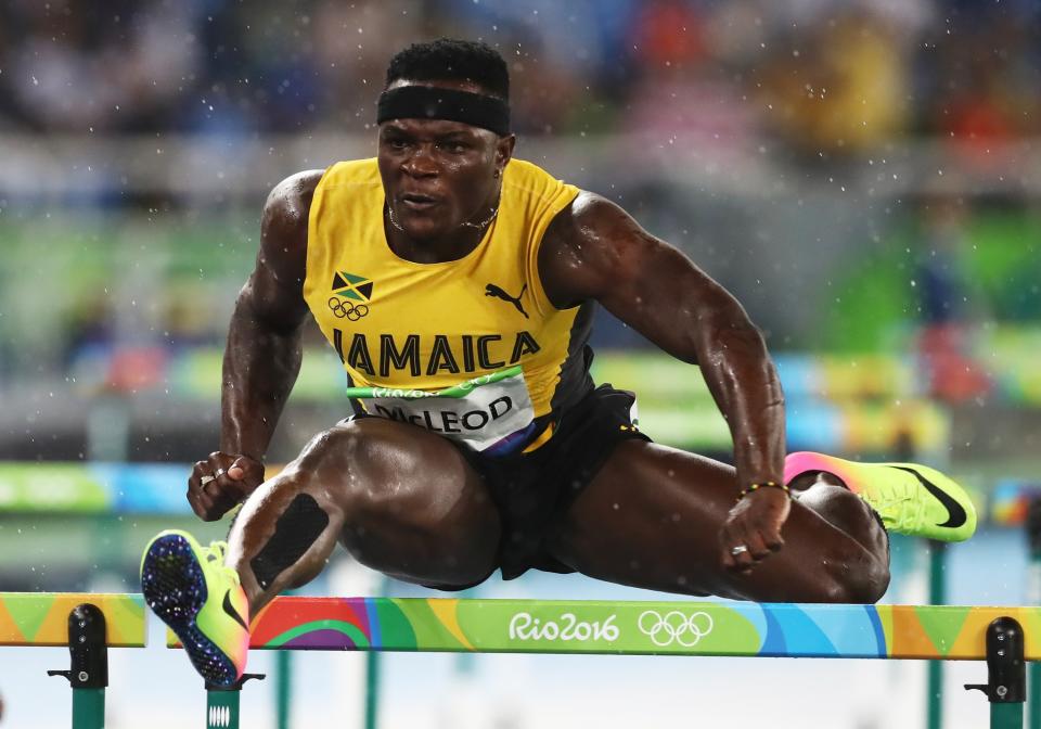 <p>Omar Mcleod of Jamaica competes during the Men’s 110m Hurdles Round 1 – Heat 1 on Day 10 of the Rio 2016 Olympic Games at the Olympic Stadium on August 15, 2016 in Rio de Janeiro, Brazil. (G </p>