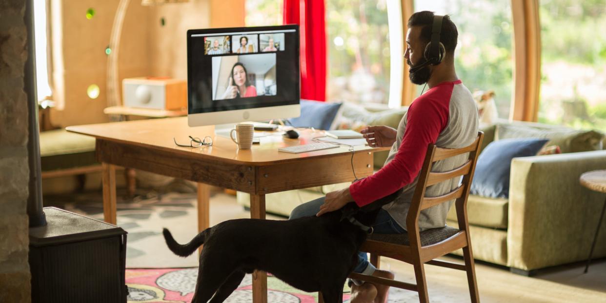 man and dog at home video chatting conference call virtual