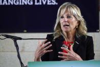 First Lady Jill Biden speaks of the importance of being vaccinated during her visit to a COVID-19 vaccination site at Jackson State University in Jackson, Miss., Tuesday, June 22, 2021, as part of the Biden administration's nationwide tour to reach Americans who haven't been vaccinated and to promote vaccine education. (AP Photo/Rogelio V. Solis)