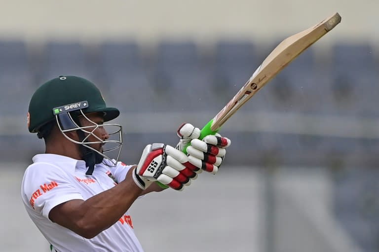 Bangladesh's Najmul Hossain Shanto plays a shot during the third day of the Test cricket match between Bangladesh and Afghanistan (Munir uz ZAMAN)