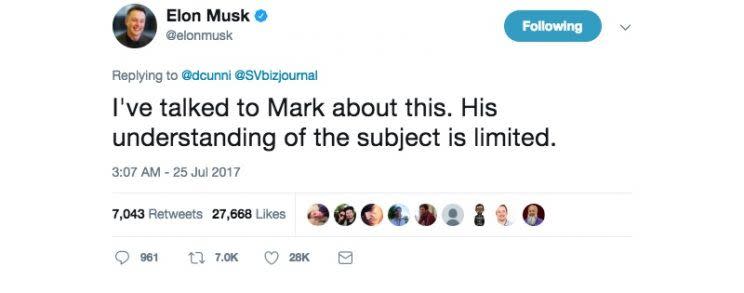 El tuit de Elon Musk en respuesta a un artículo sobre la crítica de Zuckerberg de su postura sobre la inteligencia artificial.