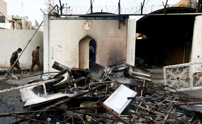 FILE PHOTO: A view of the Iranian consulate after Iraqi demonstrators stormed and set fire to the building during ongoing anti-government protests in Najaf