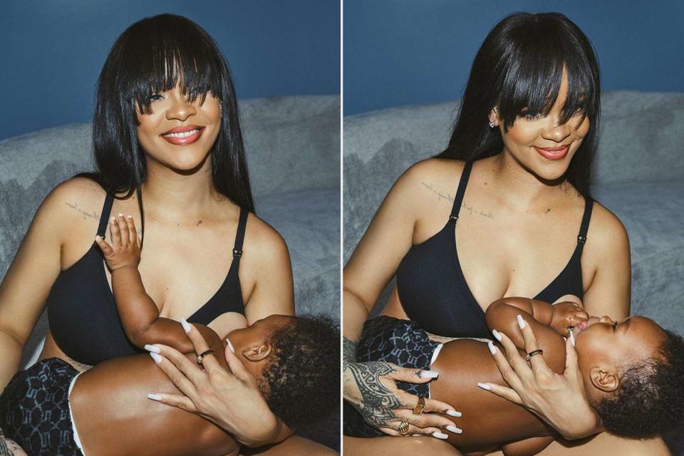 <p>Savagexfenty/Instagram</p> Pregnant Rihanna Breastfeeds Son RXA in New Savage X Fenty Maternity Bra 