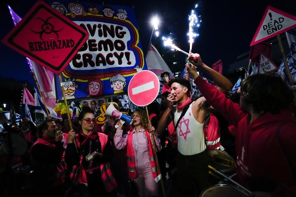 Israelis protest against plans by Prime Minister Benjamin Netanyahu’s government to overhaul the judicial system (Copyright 2023 The Associated Press All rights reserved)