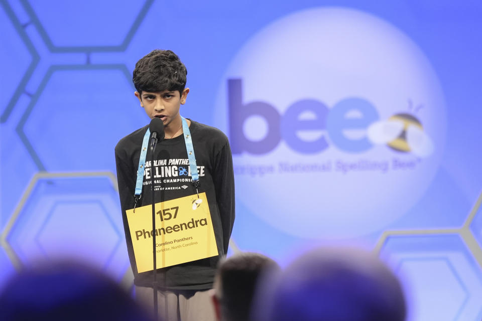 Phaneendra Bulusu, 13, of Concord, North Carolina, participates in the competition during the Scripps National Spelling Bee, in Oxon Hill, Md., Tuesday, May 28, 2024. (AP Photo/Mariam Zuhaib)