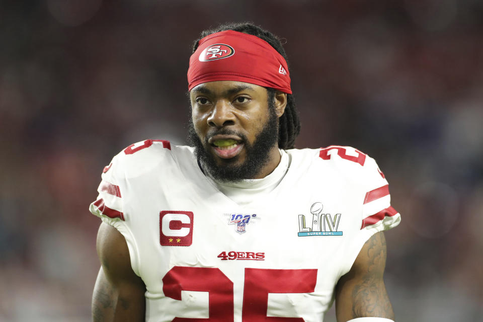 FILE - San Francisco 49ers cornerback Richard Sherman (25) is seen during the NFL football Super Bowl 54 game against the Kansas City Chiefs in Miami Gardens, Fla., in this Feb. 2, 2020, file photo. The Tampa Bay Buccaneers have signed Richard Sherman, a three-time All-Pro cornerback and Super Bowl champion who has been dealing with legal issues in the offseason. Sherman got a one-year deal Wednesday, Sept. 29, 2021, and said Tom Brady helped recruit him to the defending Super Bowl champions, who have been hit hard by injuries to their secondary. (AP Photo/Gregory Payan, File)