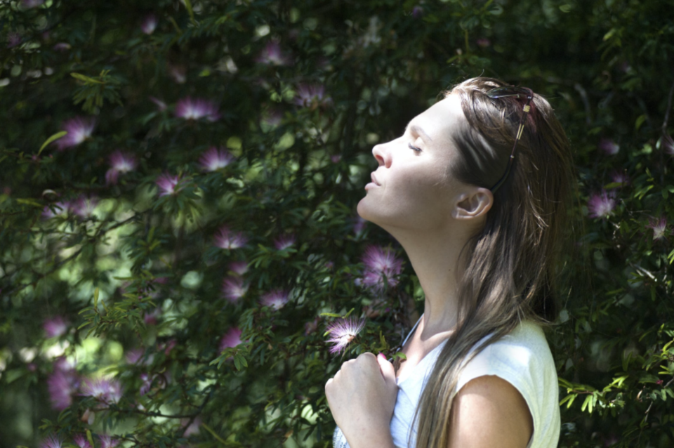 Pexels/Oleksandr Pidvalnyi: Smell of spring, bloom, fresh air, springtime, plants, flowers. Link: https://www.pexels.com/photo/woman-closing-her-eyes-against-sun-light-standing-near-purple-petaled-flower-plant-321576/