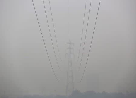 High tension electric pylons are pictured on a smoggy day in New Delhi, November 30, 2015. REUTERS/Anindito Mukherjee