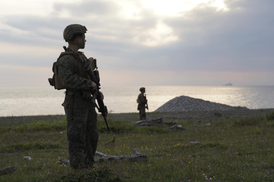 US troops on Gotland beach following amphibious landing drill, part of BALTOPS annual Baltic Sea military exercise in Tofta, Gotland, Sweden on Wednesday, June, 7, 2022. Having to defend Gotland against a foreign invasion seemed such a far-fetched idea to Swedish decision-makers at the start of the century that they demilitarized the Baltic Sea island. Now the Swedish Armed Forces are back and even practicing together with U.S. troops not just how to defend the island, but take it back from a foreign aggressor. (AP Photo/James Brooks)