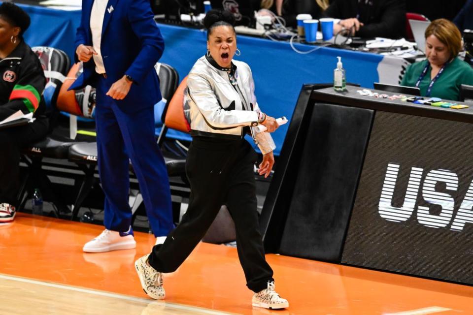 cleveland, oh april 7 head coach dawn staley of the south carolina gamecocks reacts after a play during the second half at the 2024 ncaa womens basketball tournament championship game between iowa and south carolina at rocket mortgage fieldhouse on april 7, 2024 in cleveland, ohio photo by thien an truongisi photosgetty images