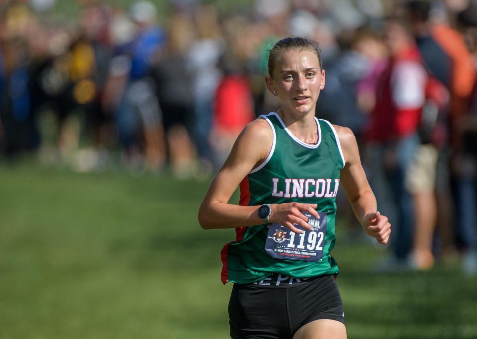 Lincoln's Becca Heitzig cruises to victory in the Class 2A girls race of the First to the Finish Cross Country Invitational on Saturday, Sept. 9, 2023 at Detweiller Park.