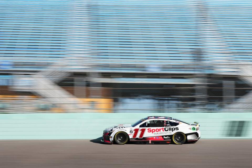 Oct 21, 2023; Homestead, Florida, USA; NASCAR Cup Series driver Denny Hamlin (11) during practice for the 4EVER 400 presented by Mobil 1 at Homestead-Miami Speedway.