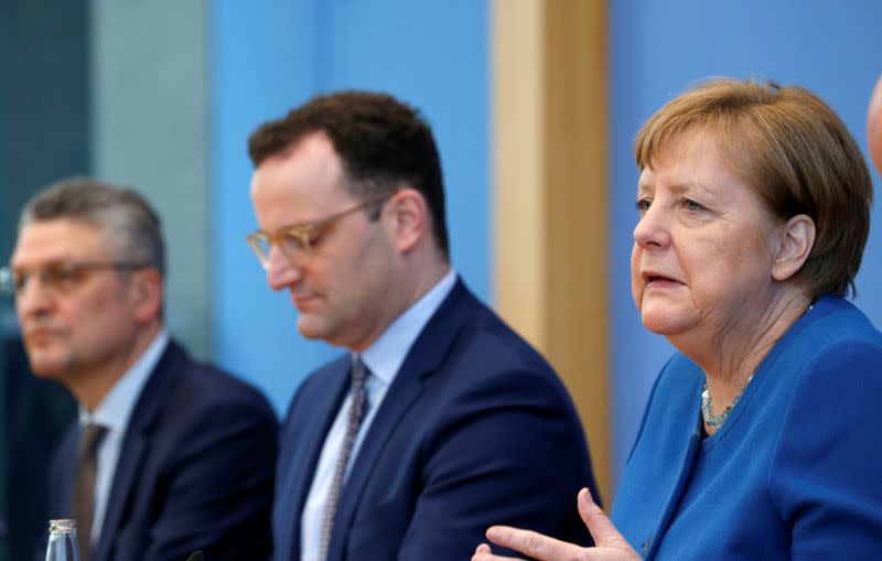 German Chancellor Merkel addresses a news conference on coronavirus in Berlin