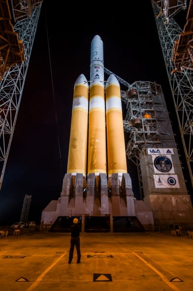 The Mobile Service Tower (MST) rolls back from the United Launch Alliance (ULA) Delta IV Heavy rocket carrying the NROL-70 mission for the National Reconnaissance Office (NRO) in preparation for launch from Space Launch Complex-37 at Cape Canaveral Space Force Station, Florida on April 9, 2024.