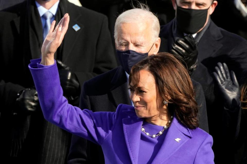 Vice President Kamala Harris waves after being sworn in during the 59th Presidential Inauguration at the U.S. Capitol in Washington, Wednesday, Jan. 20, 2021. (AP Photo/Andrew Harnik)