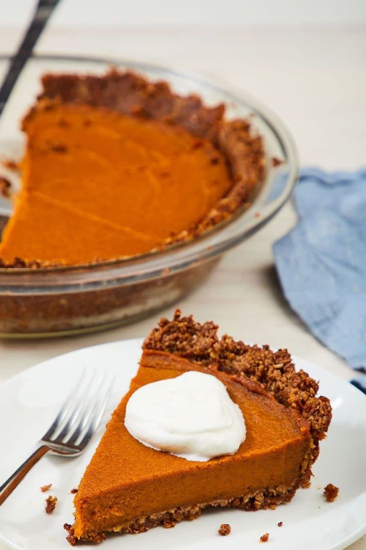 <p>For most people, <a href="https://www.delish.com/cooking/recipe-ideas/recipes/a55688/easy-homemade-pumpkin-pie-recipe-from-scratch/" rel="nofollow noopener" target="_blank" data-ylk="slk:pumpkin pie;elm:context_link;itc:0;sec:content-canvas" class="link ">pumpkin pie</a> at Thanksgiving is non-negotiable. We agree! This version is every bit as good as the classic, bursting with fall flavors and dolloped with ultra-silky coconut whipped cream. Word to the vegans: This pie is so good, you might want to stash a slice to yourself before the whole fam gets to it. 😉 <br><br>Get the <strong><a href="https://www.delish.com/cooking/recipe-ideas/a28449365/vegan-pumpkin-pie-recipe/" rel="nofollow noopener" target="_blank" data-ylk="slk:Vegan Pumpkin Pie recipe;elm:context_link;itc:0;sec:content-canvas" class="link ">Vegan Pumpkin Pie recipe</a></strong>.</p>