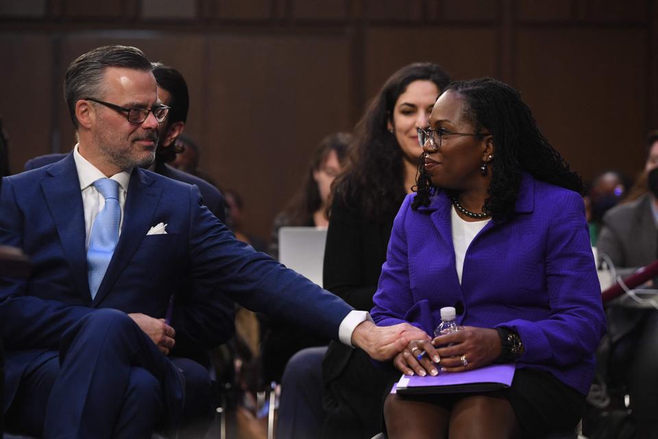 Judge Ketanji Brown Jackson (R) returns from a break during her Senate Judiciary confirmation hearing to be an associate justice on the US Supreme Court in Washington, DC, on March 21, 2022.