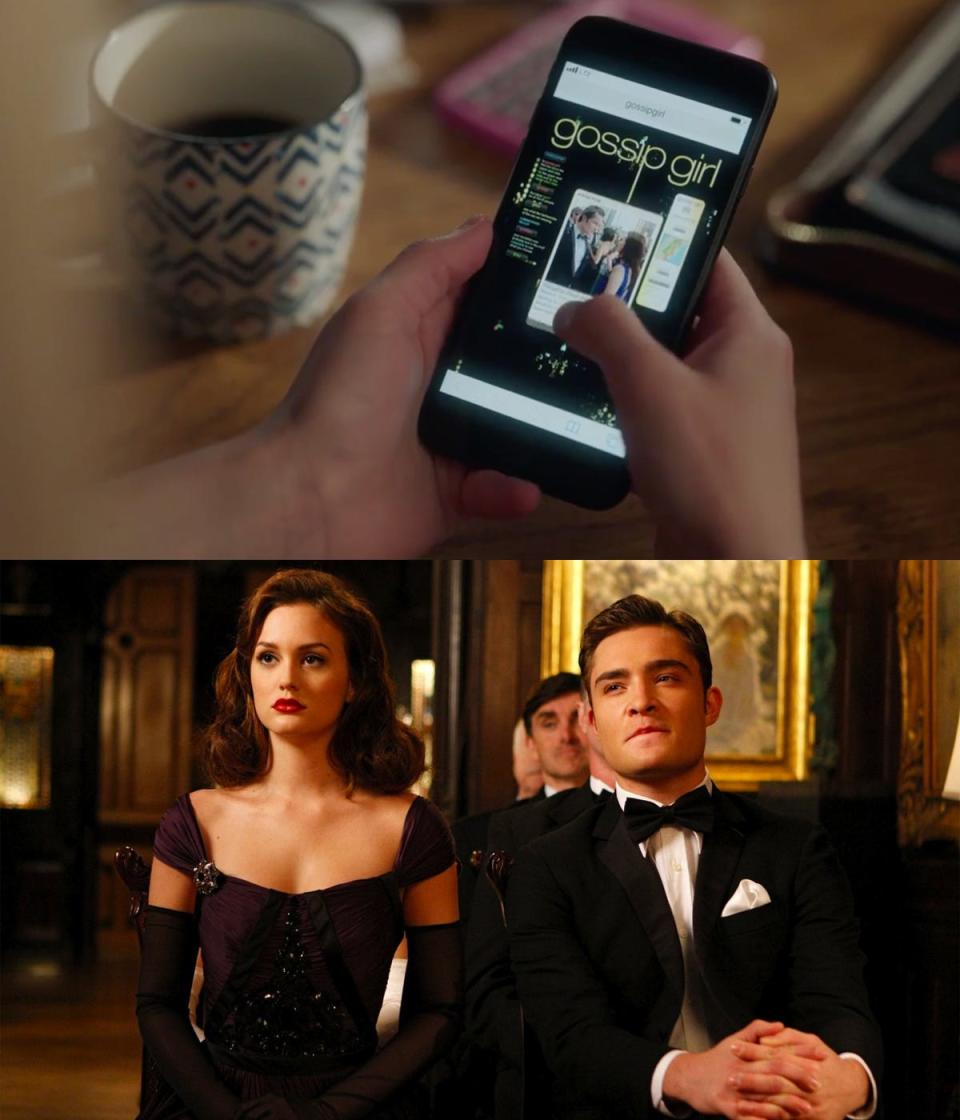 In the top photo, a woman holds a smartphone. In the bottom photo: Leighton Meester and Ed Westwick are see on "Gossip Girl."