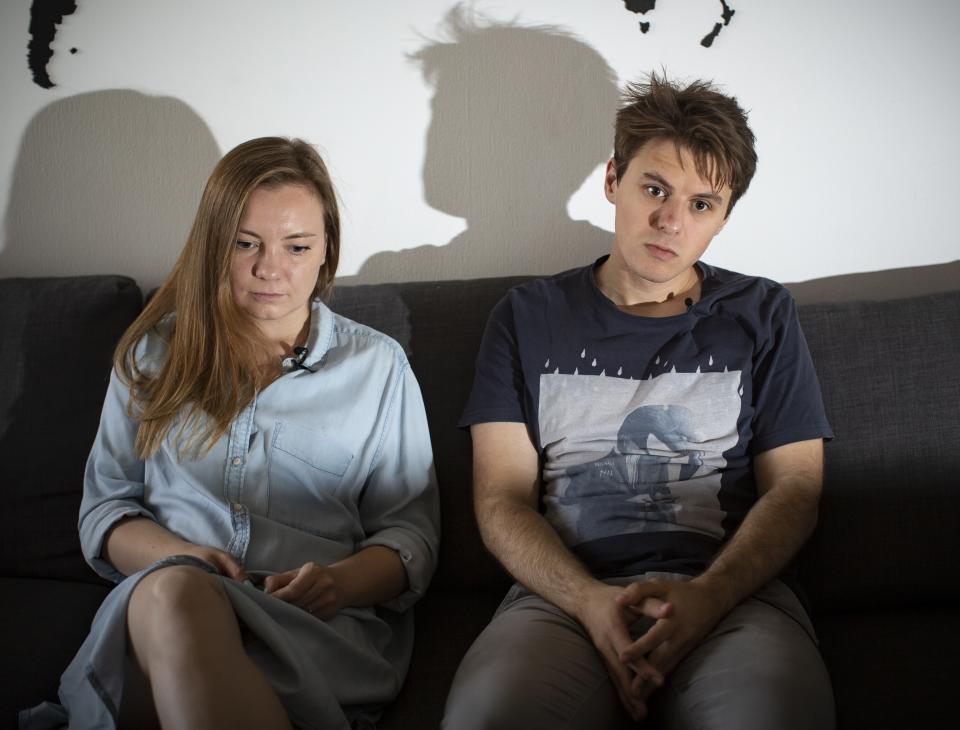 In this photo taken on July 30, 2019, Inga Kudracheva and Boris Kantorovich speak during an interview with The Associated Press in Moscow. Images of the young couple have been spread on social media. They say the crackdown by police has left them shaken but with their resolve strengthened. “People are not afraid of police anymore. Even though police were beating us violently and tried to intimidate us, it was worth it,” Kantorovich said. (AP Photo/Alexander Zemlianichenko)