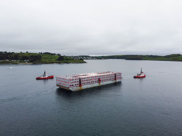 Bibby Stockholm, the barge which is to be used by the Home Office to house up to 500 male asylum seekers, arrives from Genoa on May 9, 2023