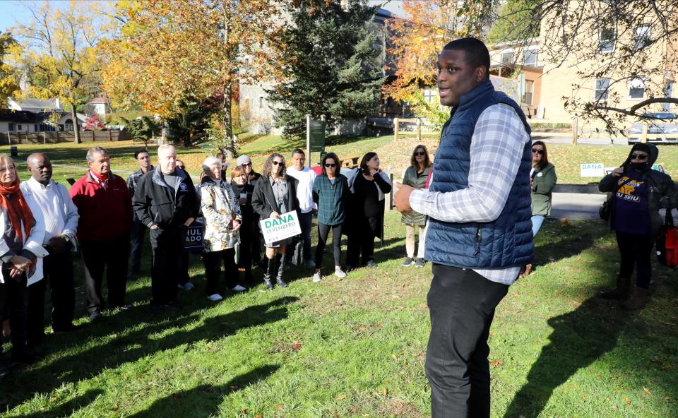 Rep. Mondaire Jones delivers remarks during a Get Out the Vote event with local Democratic groups at Vassallo Park in Croton-on-Hudson, Oct. 29, 2022. 