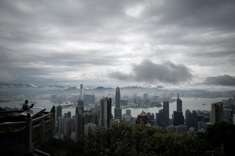 A man looks at the city's skyline as a storm approaches in Hong Kong on April 2, 2014