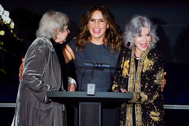 <p>John Lamparski/Getty</p> Robin Morgan, Mariska Hargitay, and Jane Fonda speak onstage during The WMC 2023 Women's Media Awards at The Whitby Hotel on October 19, 2023 in New York City.