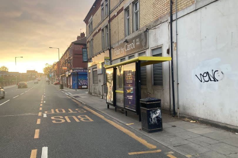 The bus stop on Smithdown Road where the schoolboy was attacked