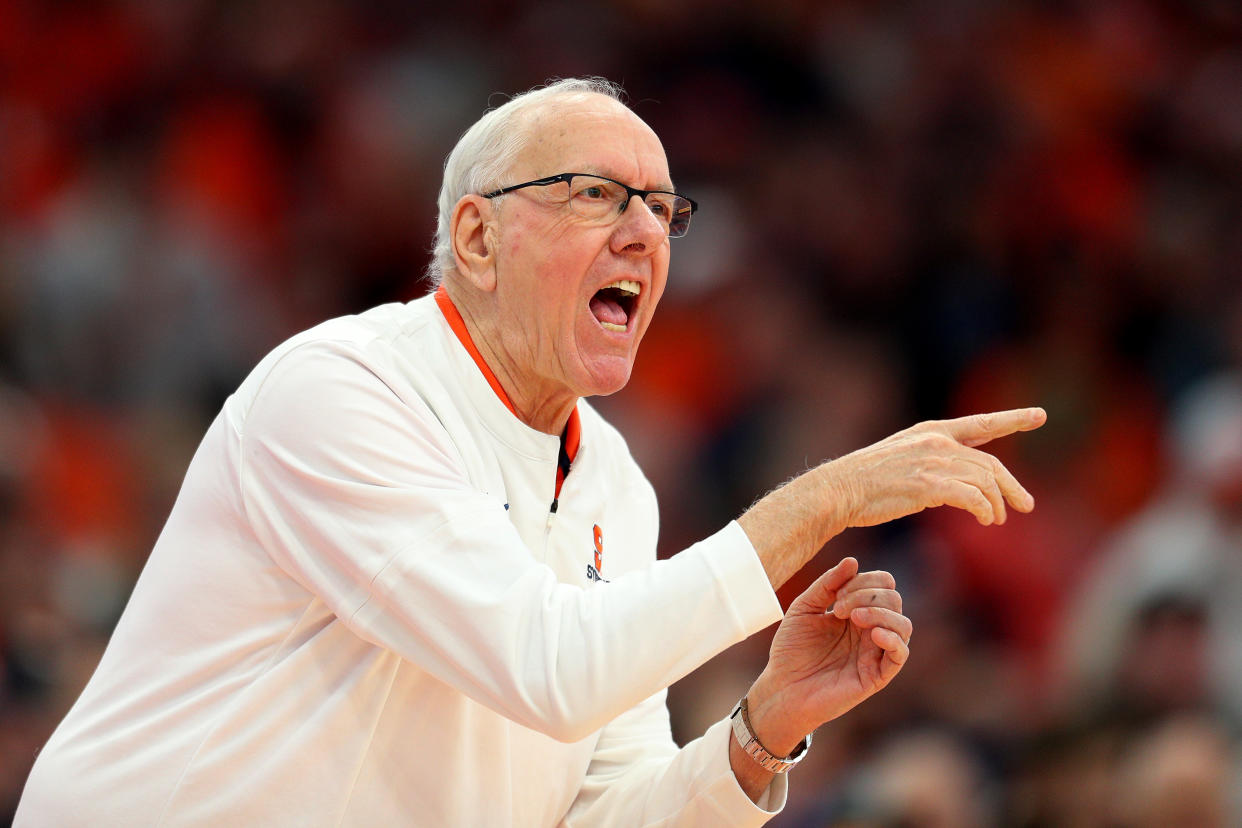 SYRACUSE, NEW YORK - JANUARY 30: Head Coach Jim Boeheim of the Syracuse Orange reacts during the first half against the Virginia Cavaliers at JMA Wireless Dome on January 30, 2023 in Syracuse, New York. (Photo by Bryan M. Bennett/Getty Images)
