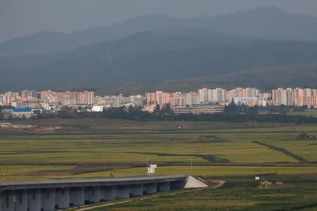 A general view shows North Korean end of the unfinished New Yalu River bridge that was designed to connect China's Dandong New Zone, Liaoning province, and North Korea's Sinuiju, September 11, 2016. REUTERS/Thomas Peter